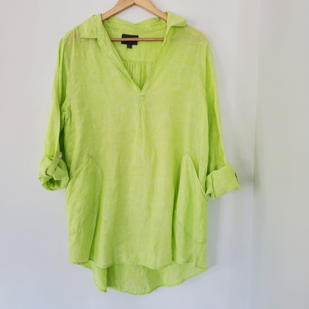 FORCYNTHIA Beachwear XL 100% Linen Lime Green Popover Tunic Swim Cover Roll Tab